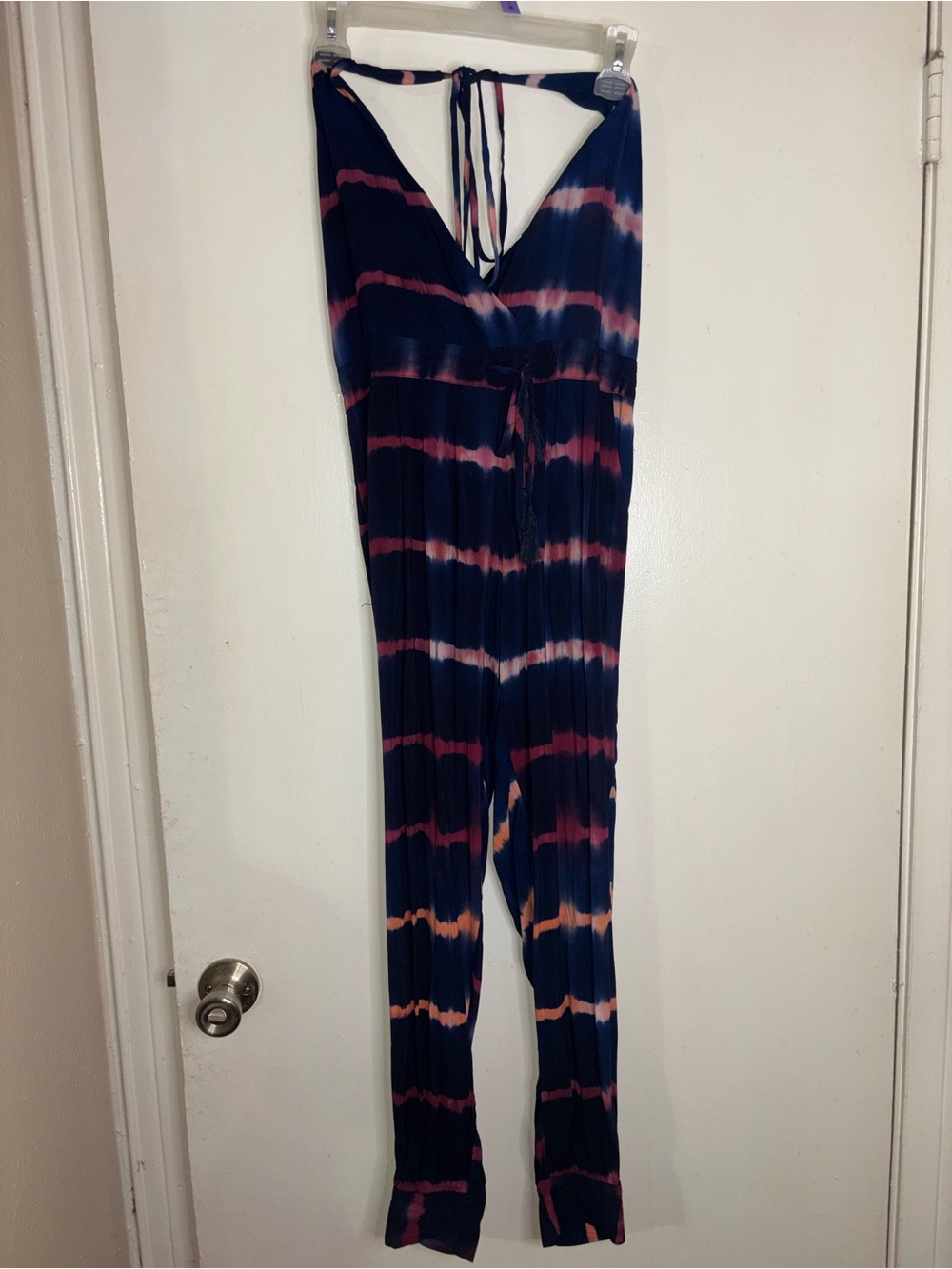 Olivaceous Navy Tie-Dye V-Neck Jumpsuit with Pink & Peach Stripes